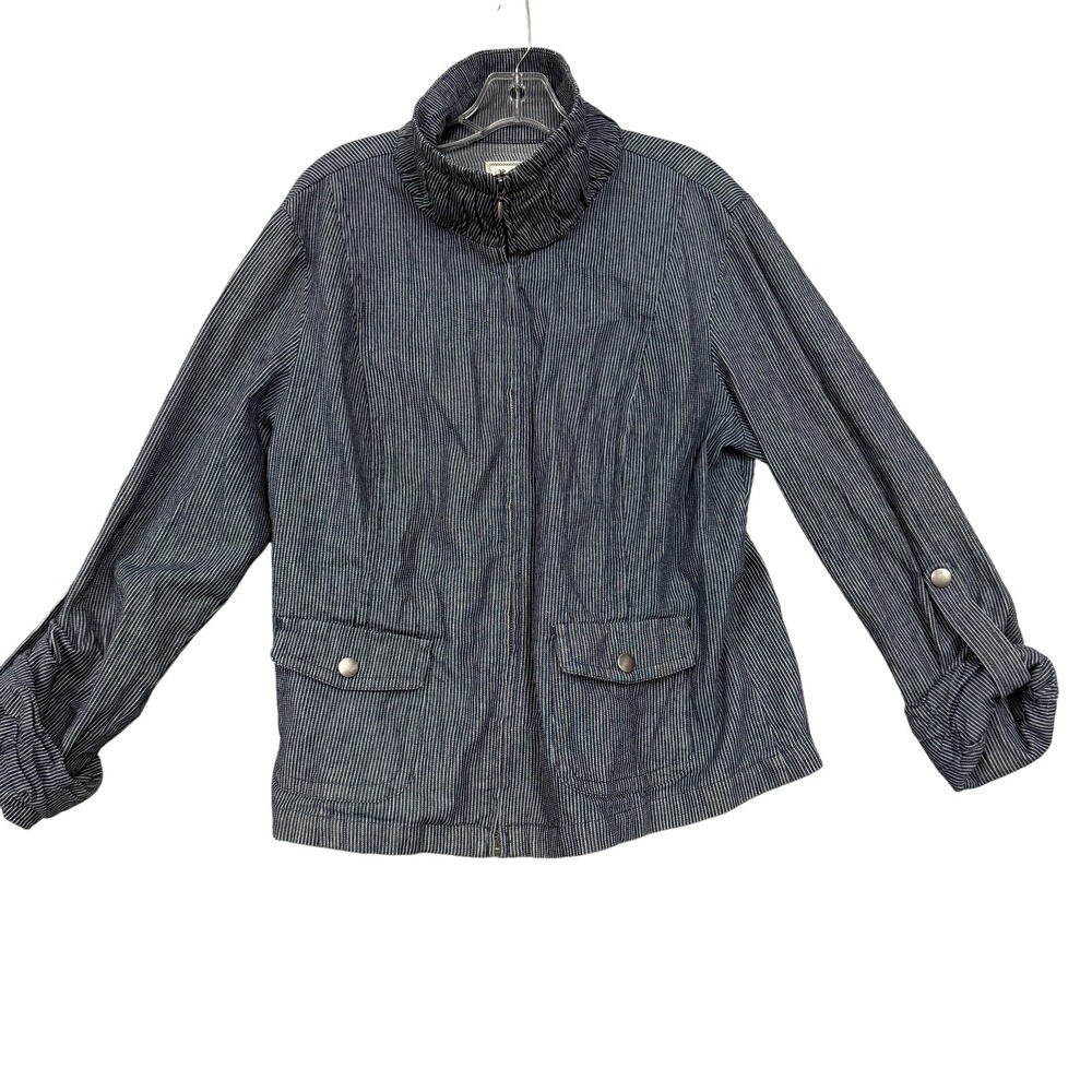 AMX Jacket Womens XL Blue White Pinstripe Zip Up Funnel Neck‎ Cotton Stretch